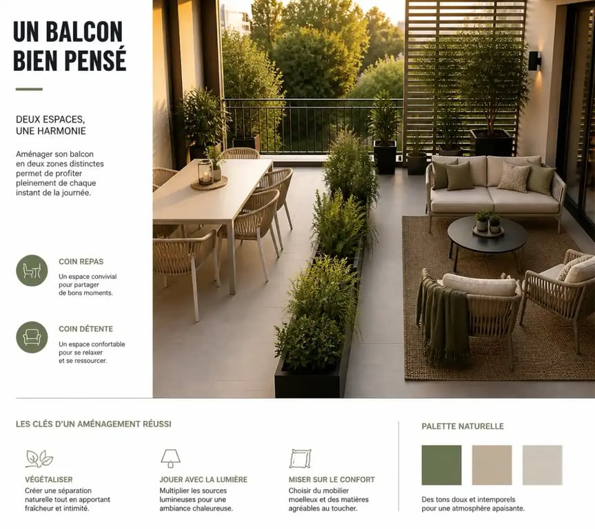 Décoration balcon extérieur avec coin repas et espace détente végétalisé