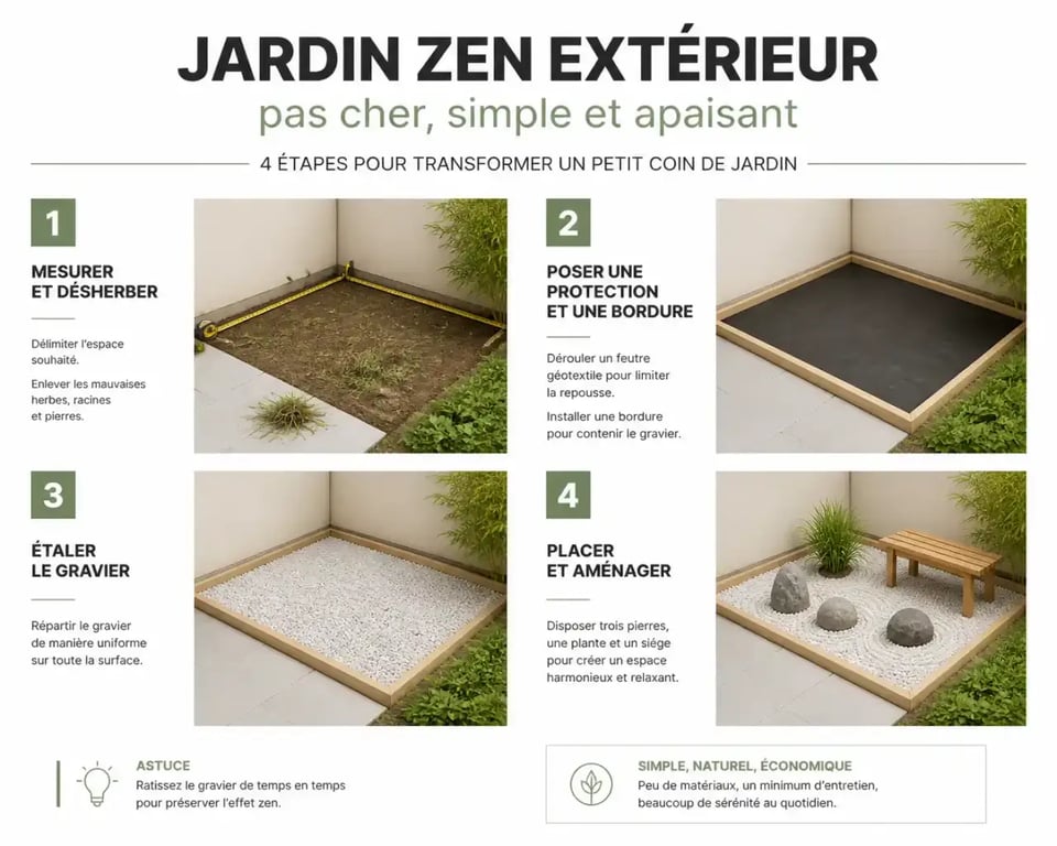 Étapes pour créer un jardin zen extérieur pas cher avec gravier, pierres et plante