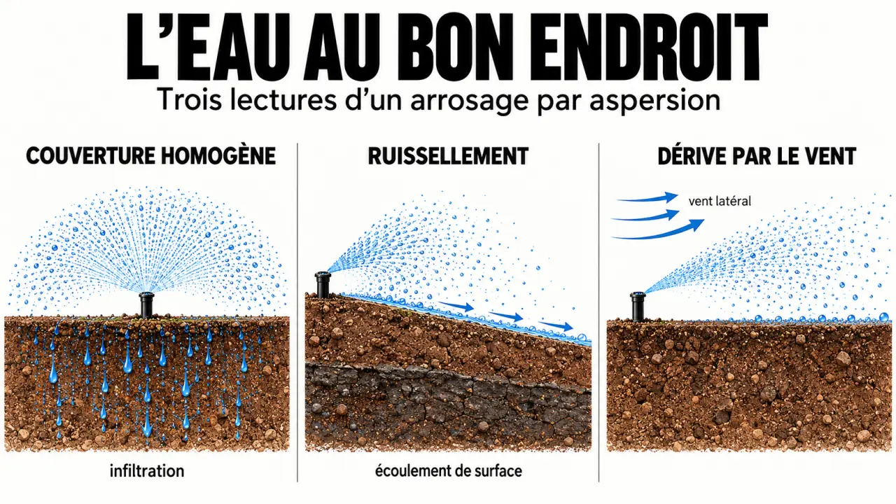 Arroser par aspersion : couverture homogène, ruissellement et effet du vent