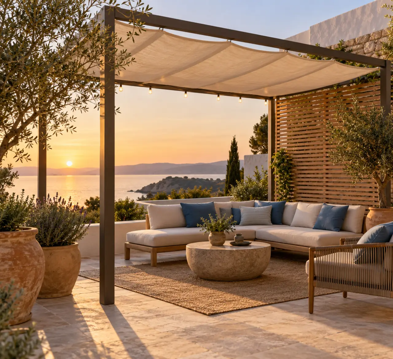 Idée de décoration pergola extérieur avec toile, plantes, claustra et éclairage doux