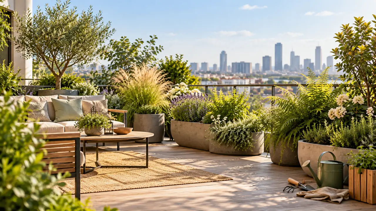 Terrasse urbaine végétalisée avec des plantes aux formes organiques et des assises contemporaines