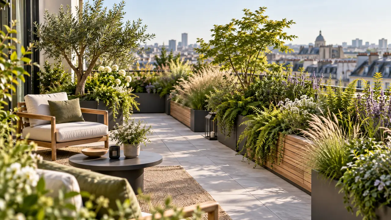 Terrasse urbaine transformée en refuge végétal avec graminées et plantes en pots